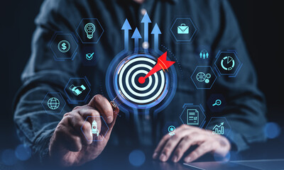 Poster - Business success concept with man analyzing target using magnifying glass surrounded by digital icons and strategy symbols on dark background.