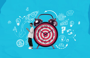 Poster - Man using smartphone beside alarm clock with target dial surroun