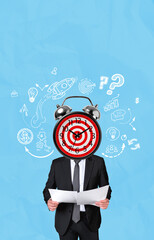 Poster - Businessman with clock and target head holding documents on blue