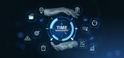 Poster - Time management concept with futuristic digital interface, icons and human hands holding virtual clock on dark gradient background.