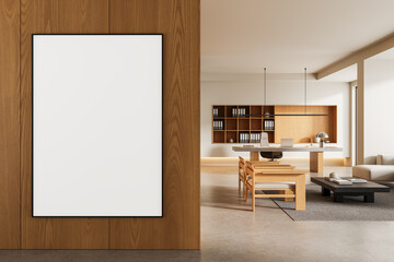 Fototapete - Blank poster mockup on wooden wall in modern bright office interior with clean minimalist furniture and organized layout concept for design presentation. 3D Rendering