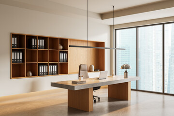 Fototapete - Modern executive office interior with minimalist wooden furniture, concrete desk, and panoramic city view in daylight setting. Concept design workspace. 3D Rendering