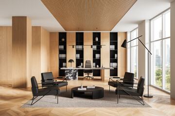 Fototapete - Modern executive office interior with wood paneling, minimalist furniture, and large windows overlooking cityscape in daylight. 3D Rendering