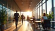 © Pete - Sunlit modern office hallway with people in suits walking. Colleagues in business attire move through office space. Team members work in contemporary corporate environment, embracing success,