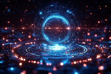 Poster - Abstract futuristic glowing circle with digital elements and blue-orange hues