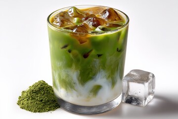 Aufkleber - Refreshing matcha green tea latte with milk ice cubes and powdered matcha on white background for cold beverage and tea drink concept