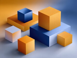 Fototapete - Abstract geometric composition with colorful cubes and squares on smooth surface with vibrant background in modern minimal art style