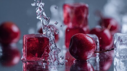 Aufkleber - Refreshing Red Cherries and Ice Cubes with Water Splash on Cool Metallic Surface for Summer Fruit Snack Presentation