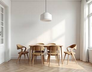 Aufkleber - Empty white wall in modern Scandinavian living room interior. Mock up space for picture or text. Natural light streams through window. Includes wooden table and chairs.