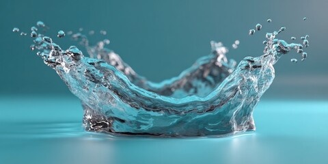 Poster - Close-up of a water splash with droplets captured mid-air on a smooth blue background emphasizing fluidity and movement in nature