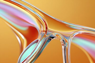 Poster - Close-up of abstract glass sculpture with flowing curves and rainbow reflections on a warm orange background, high detail and vibrant colors