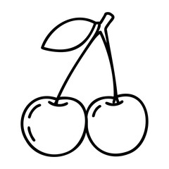Wall Mural - Simple line drawing of two cherries on a stem. Vector hand-drawn doodle illustration