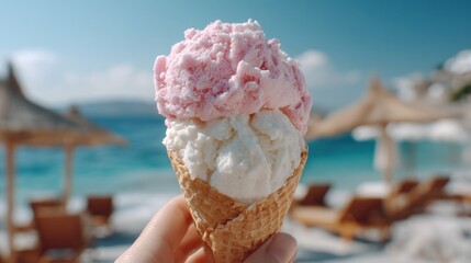 Aufkleber - Delicious two-flavor ice cream scoop in a waffle cone with a tropical beach background featu umbrellas and blue water