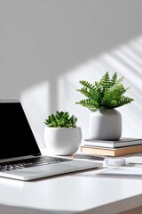 Poster - Modern workspace with laptop and potted plants on desk with books and sunlight casting shadows for productivity and calm atmosphere