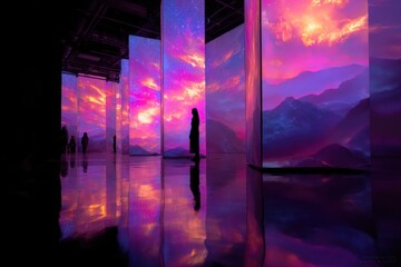Poster - Immersive Digital Art Exhibit Featu Large Interactive Screens Displaying Vibrant Sunset and Mountain Landscape Scenes with Visitors Explo