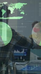 Poster - Animation of statistics recording over man team of colleagues in office wearing face masks