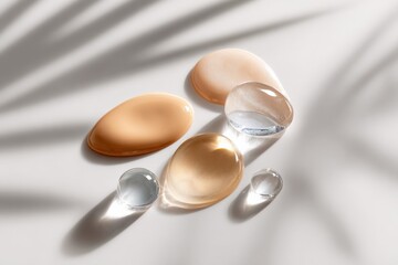 Poster - Close-up of various smooth oval and round glass and plastic decorative stones on white surface with soft shadows and natural lighting