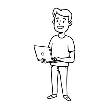 Cartoon illustration of male character with laptop. Vector hand-drawn doodle illustration
