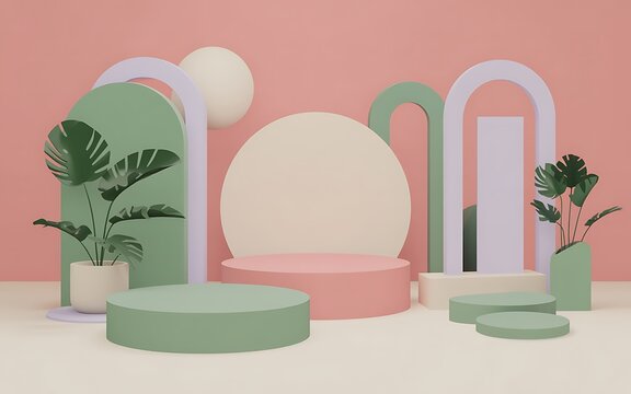 Pastel Pink and Green 3D Product Display Podium with Tropical Plants