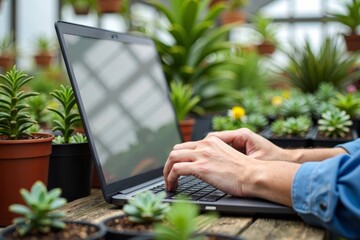 Poster - Person typing on laptop in a vibrant greenhouse filled with plants and succulents