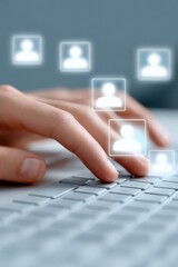 Poster - Close-up of human hand typing on keyboard with digital user profile icons floating above, representing online networking and digital communication