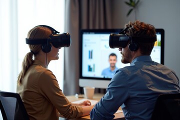 Poster - Couple Engrossed in Virtual Meeting on Computer Monitor while Wearing VR Headsets