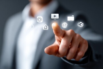 Poster - Businessman interacting with virtual icons of social media and digital communication technology in a modern office environment
