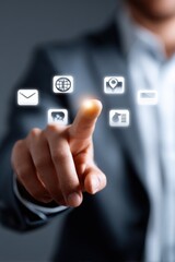 Poster - Business Professional Touching Digital Technology Icons for Communication and Data Management on Transparent Screen