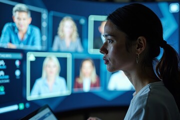 Poster - Woman Participating in Virtual Meeting with Holographic Projection Screen Close-up.