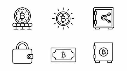 Fototapete - Set of bitcoin cryptocurrency icons including a coin on a stand shining coin safe wallet and banknote isolated on white background