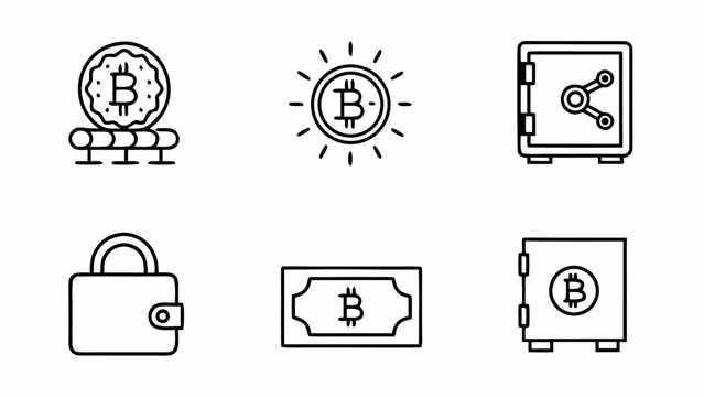 Set of bitcoin cryptocurrency icons including a coin on a stand shining coin safe wallet and banknote isolated on white background