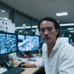 Poster - Focused Surveillance: A person intently monitors security footage on multiple computer screens, embodying vigilance and technological oversight in a modern environment.