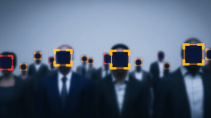 Poster - Surveillance: A crowd of individuals with masked faces, highlighted by surveillance technology, stands against a backdrop of subtle light.
