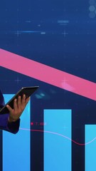 Poster - Animation of arrow, diverse financial data and graphs over caucasian male worker with tablet