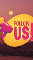 Poster - Animation of social media icons over sunset and sea landscape