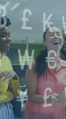 Poster - Animation of financial data processing and currency symbols over diverse business people