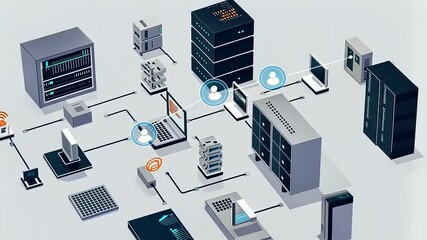 Digital network infrastructure diagram showcasing server connections, user interactions, and devices