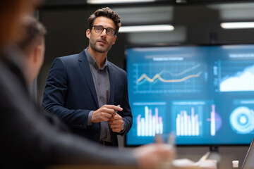 Poster - A man in a suit stands in front of a large monitor displaying graphs and charts