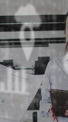 Poster - Animation of digital icons and data processing over businesswoman in office