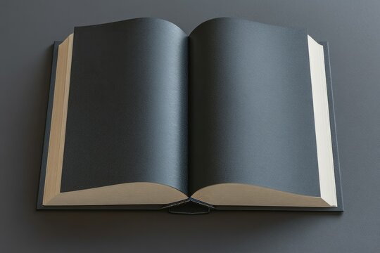 Top View of Open Black Book on Gray Table Publish and Advertisement Concept Mock Up 3D Rendering