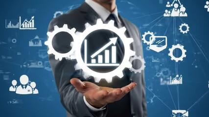 Poster - Businessman In Gray Suit Presents Data Graph Gear on Blue Digital Background
