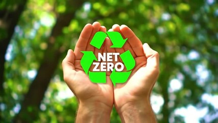 Poster - Hands Holding Net Zero Recycling Symbol Against Blurred Green Forest Background Signifying Environmental Conservation