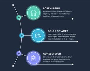Poster - Infographic template with three circular options connected by a line, dark background, vector eps10 illustration