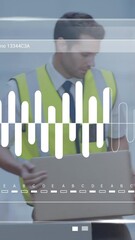 Poster - Animation of data processing on screen over caucasian man working in warehouse