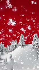 Poster - Animation of christmas trees over snow falling on red background