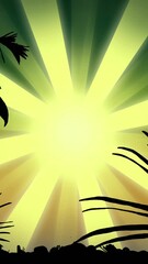 Poster - Animation of black silhouette of tropical landscape over sun shining on green background