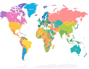   Flat World Map Infographic Style with Colorful Continents, Transparent Background
