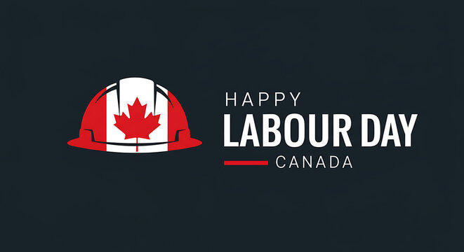 A clean, modern, and minimalist vector graphic celebrating Canada Labour Day, featuring a stylized hard hat and flag on a solid dark background.