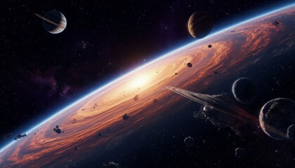 Wall Mural - A stunning 3D, 4K image of a celestial scene with dramatic lighting highlighting the planetary rings and nearby moons. A spacecraft glides through a field of asteroids and rocks.