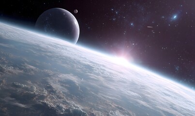 Wall Mural - a space-based image of an enigmatic solar system with strange planets and futuristic ships gliding t